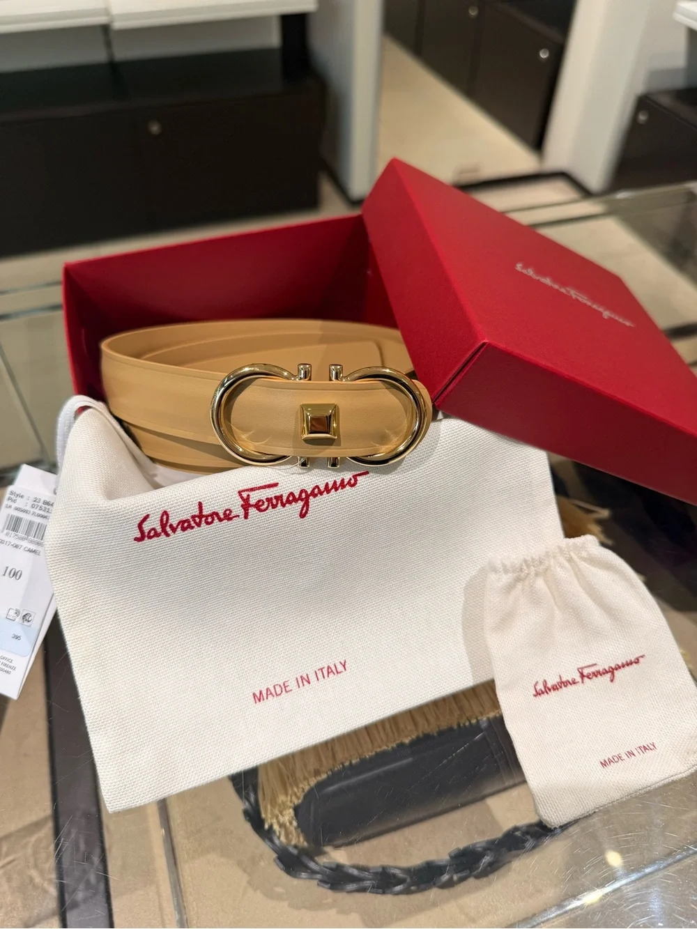 Salvatore Ferragamo Donna H.25 Calfskin Gancini Camel Belt Gold Hardware SZ 100
